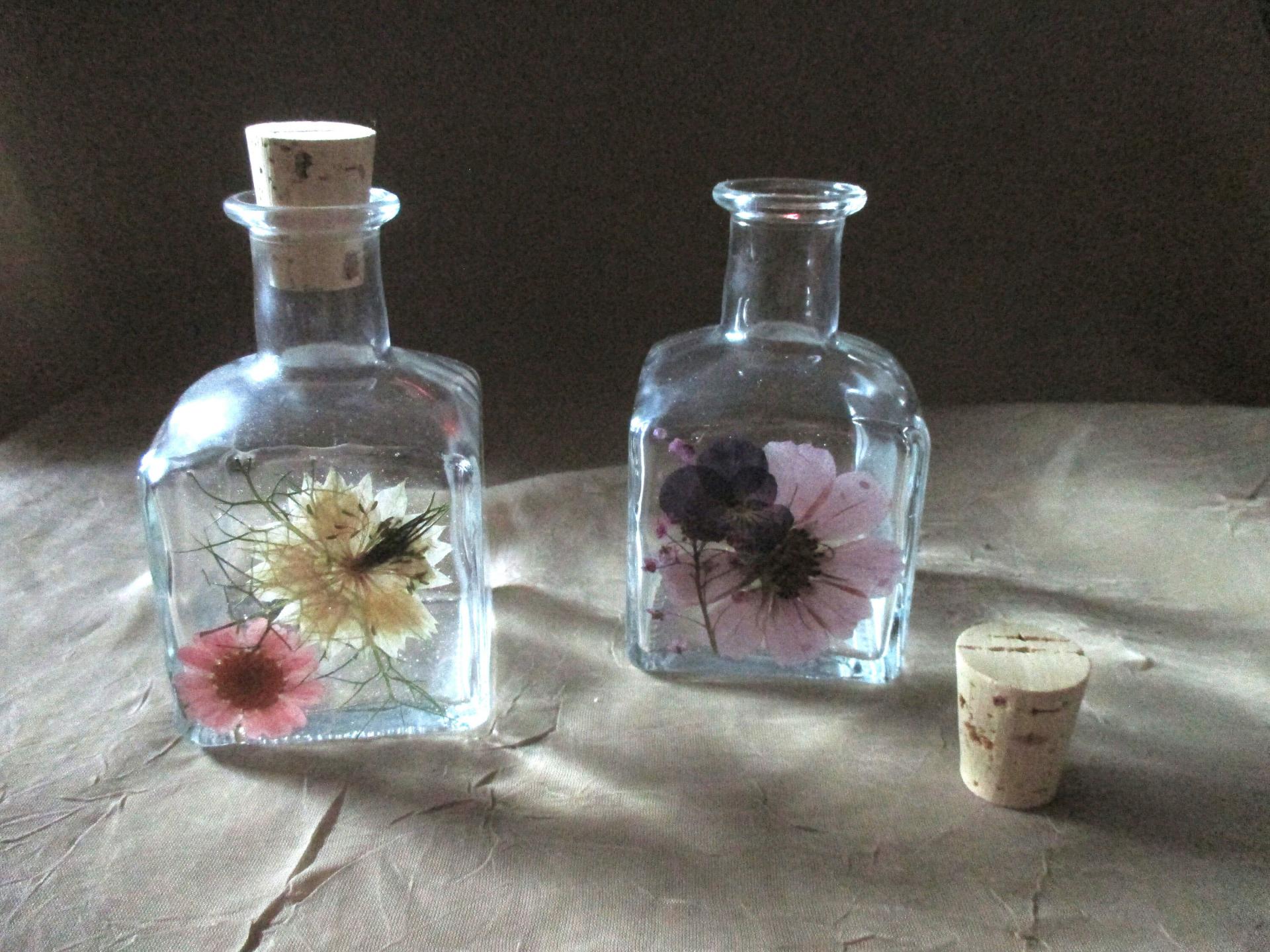 Small Floral Cork Bottle, Decorative Bottle - 5oz - Glass Bottle with Dried Flowers embedded in Resin