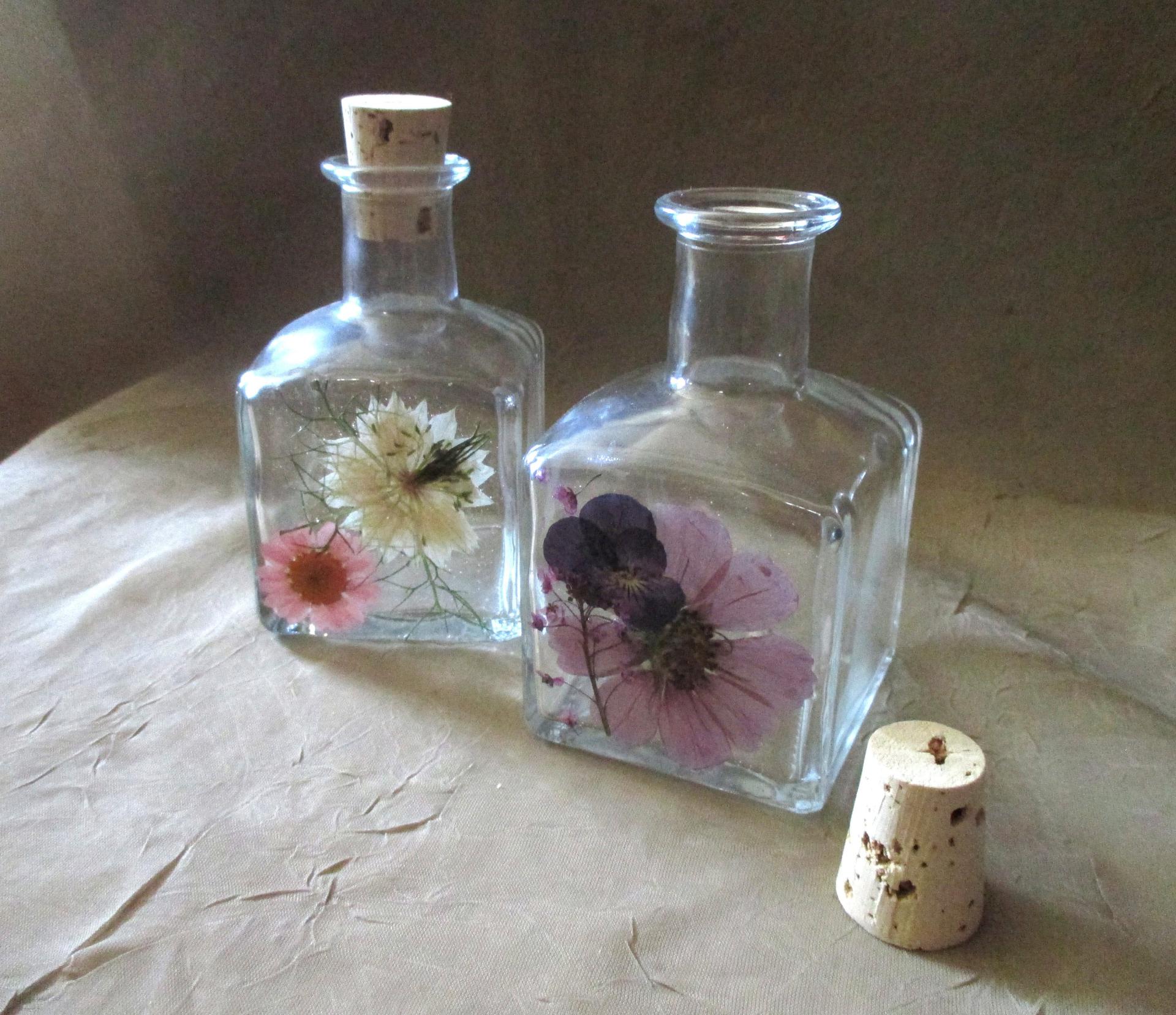 Small Floral Cork Bottle, Decorative Bottle - 5oz - Glass Bottle with Dried Flowers embedded in Resin