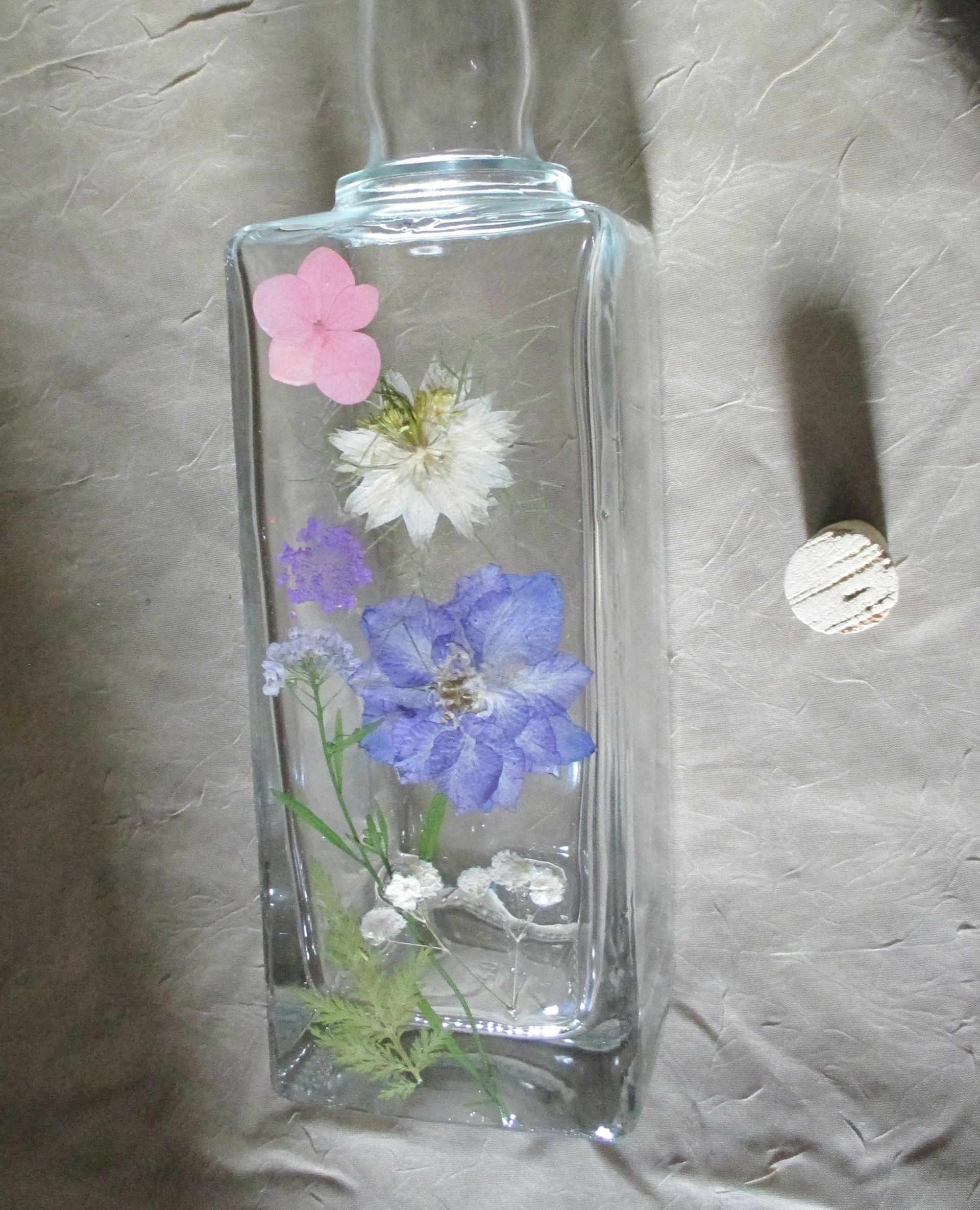 Floral Bottles, Large 17oz Corked Bottle - Glass Bottles with Epoxy, Flowers in Resin