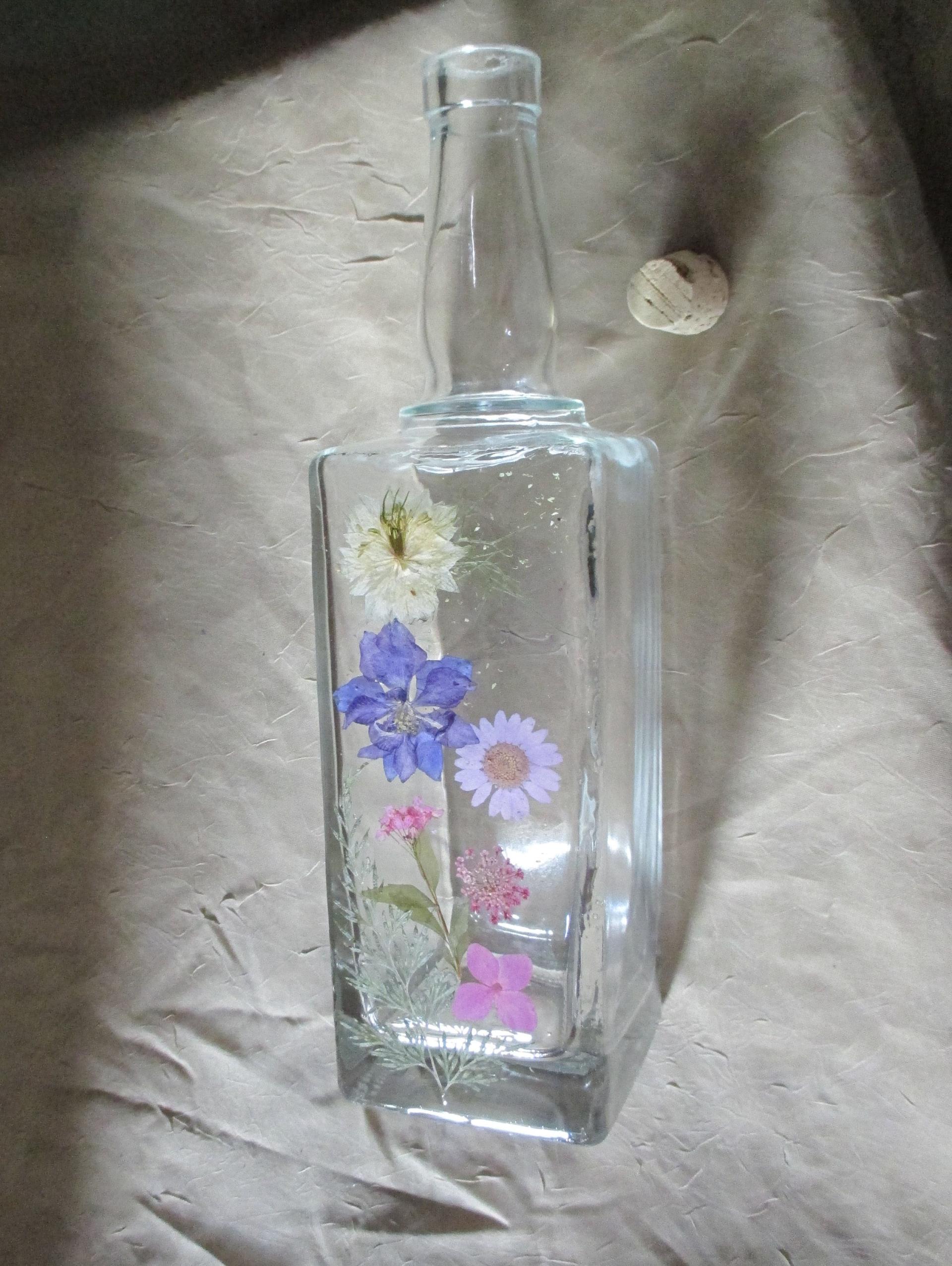 Floral Bottles, Large 17oz Corked Bottle - Glass Bottles with Epoxy, Flowers in Resin