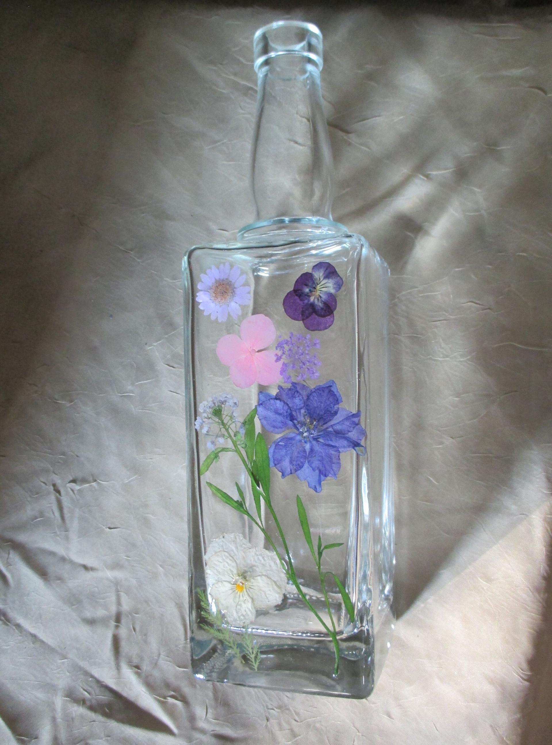 Floral Bottles, Large 17oz Corked Bottle - Glass Bottles with Epoxy, Flowers in Resin