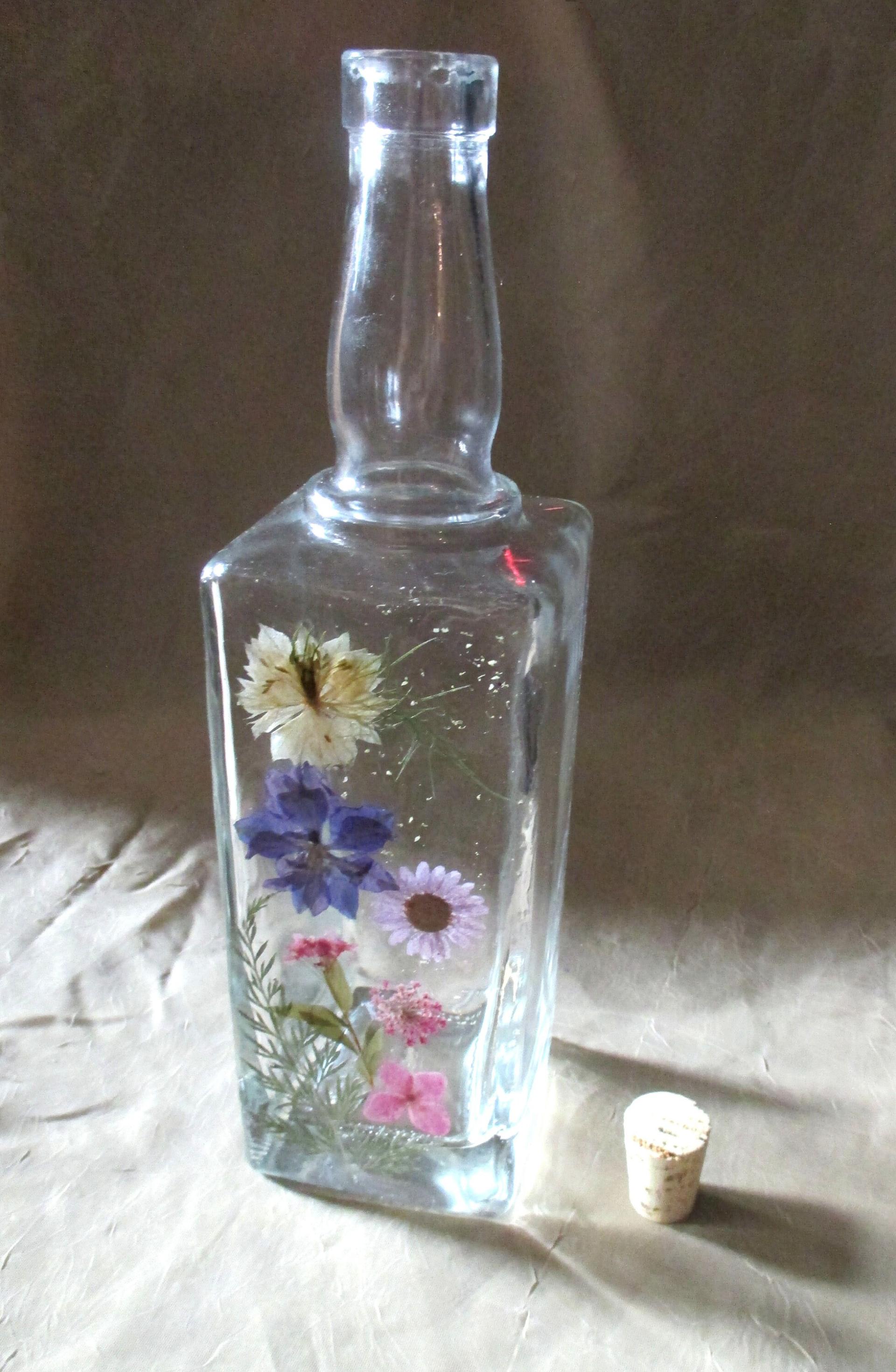 Floral Bottles, Large 17oz Corked Bottle - Glass Bottles with Epoxy, Flowers in Resin