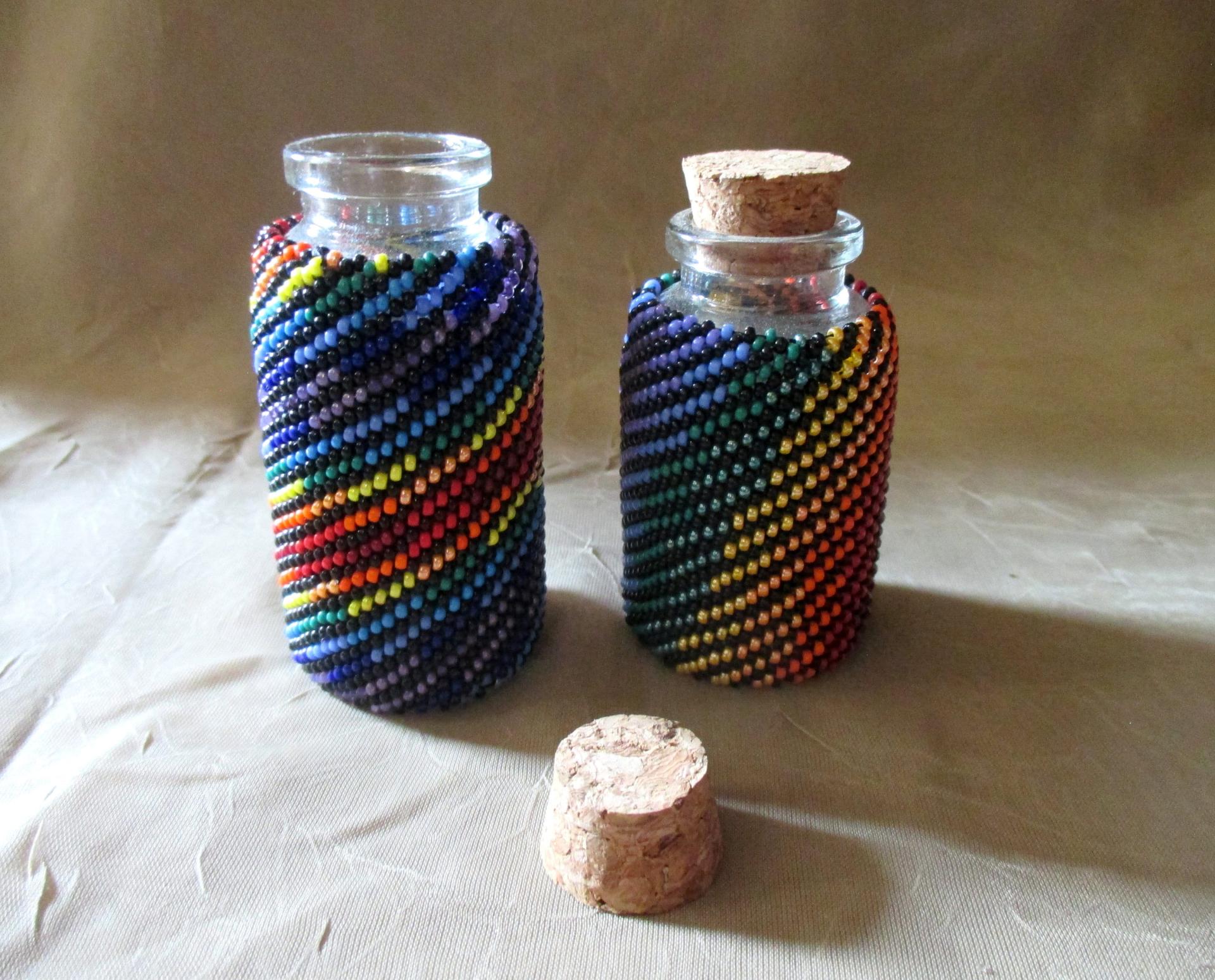 Beaded Jar with Cork - Handmade Bead Wrapped Glass Jar - Rainbow