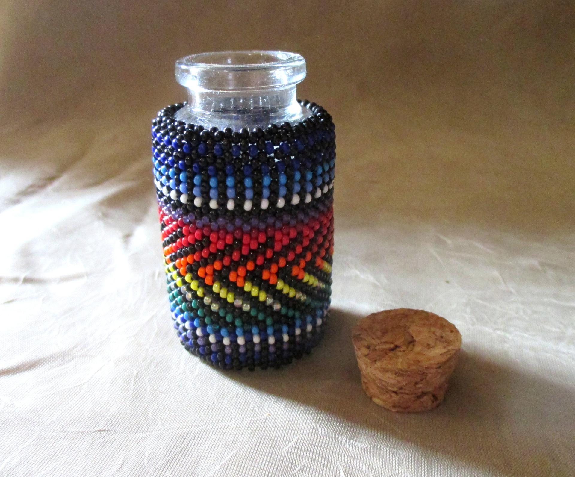 Beaded Jar with Cork - Handmade Bead Wrapped Glass Jar - Rainbow