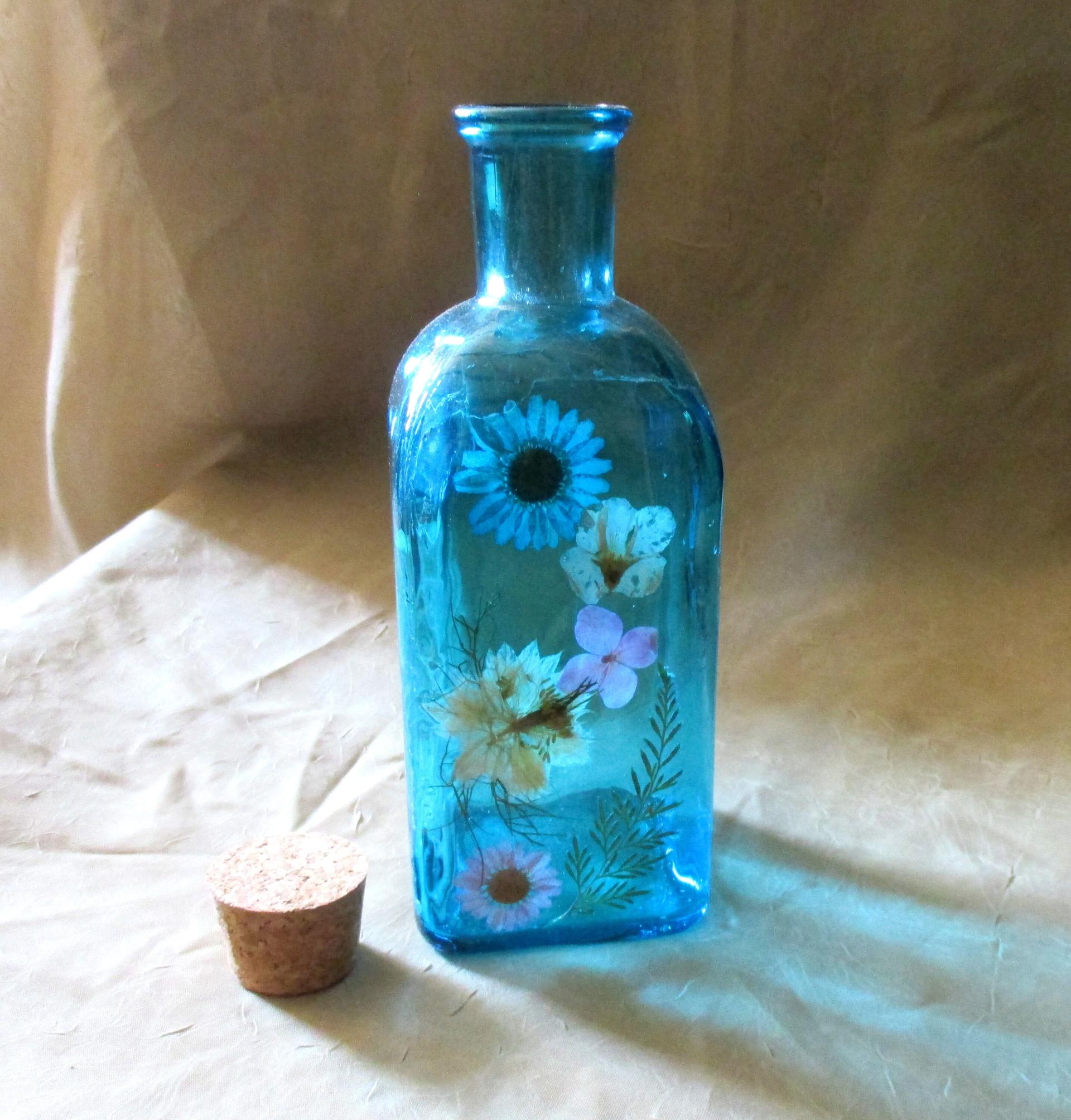 Floral Bottles, Corked Bottle - Glass Bottles with Epoxy, Flowers in Resin