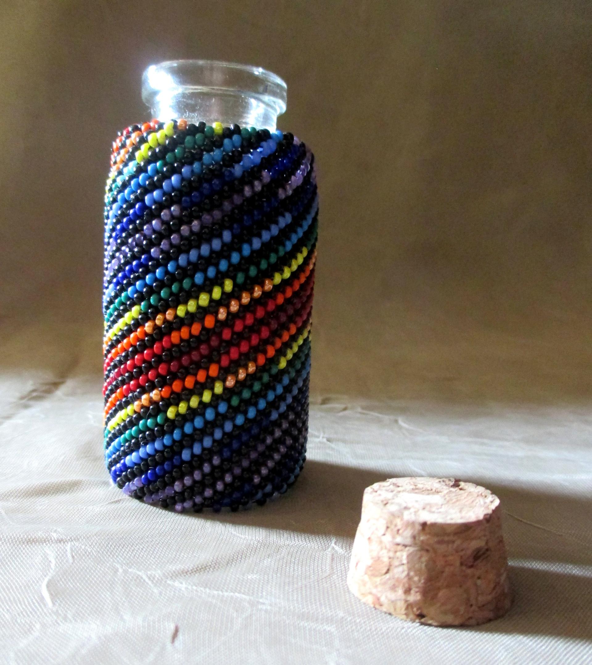 Beaded Jar with Cork - Handmade Bead Wrapped Glass Jar - Rainbow