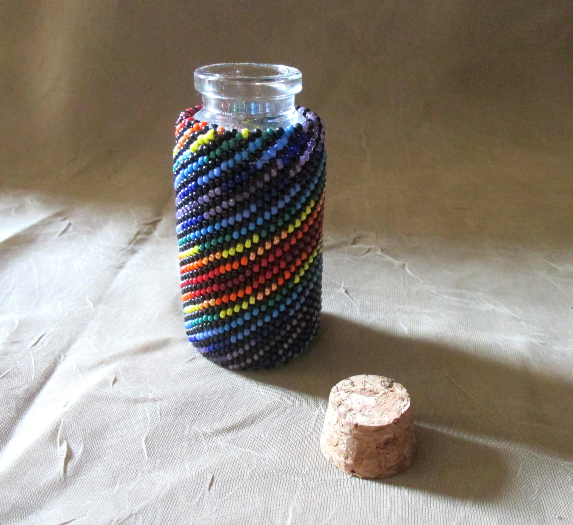 Beaded Jar with Cork - Handmade Bead Wrapped Glass Jar - Rainbow