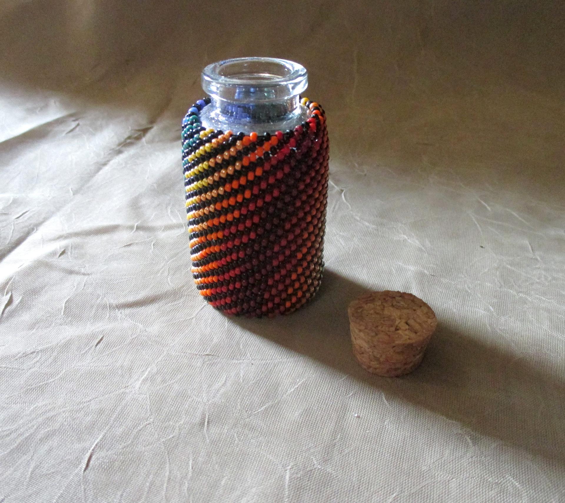 Beaded Jar with Cork - Handmade Bead Wrapped Glass Jar - Rainbow