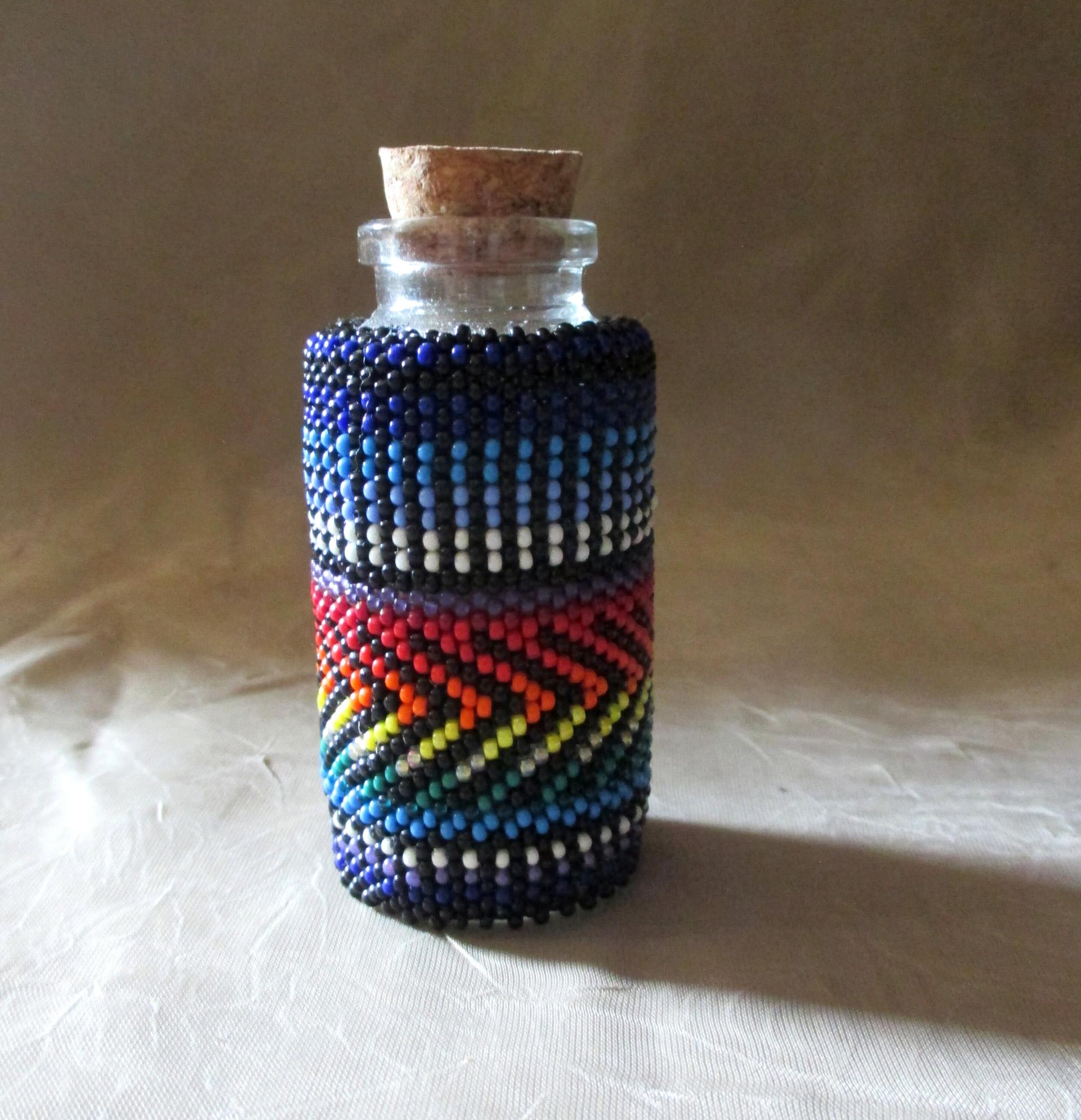 Beaded Jar with Cork - Handmade Bead Wrapped Glass Jar - Rainbow