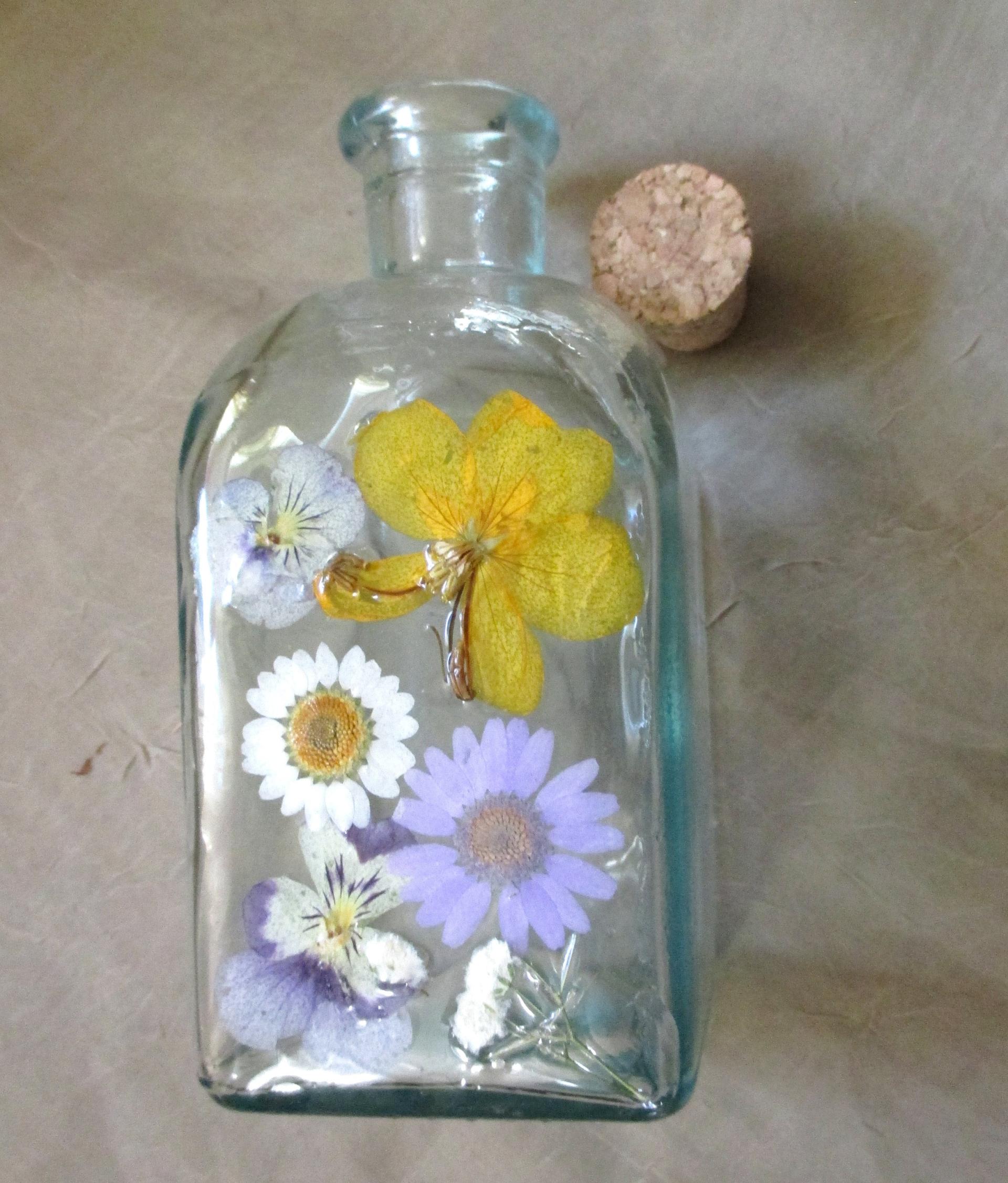 Floral Bottles, Large Jars - 8oz and 17oz - Glass Bottles with Epoxy, Flowers in Resin