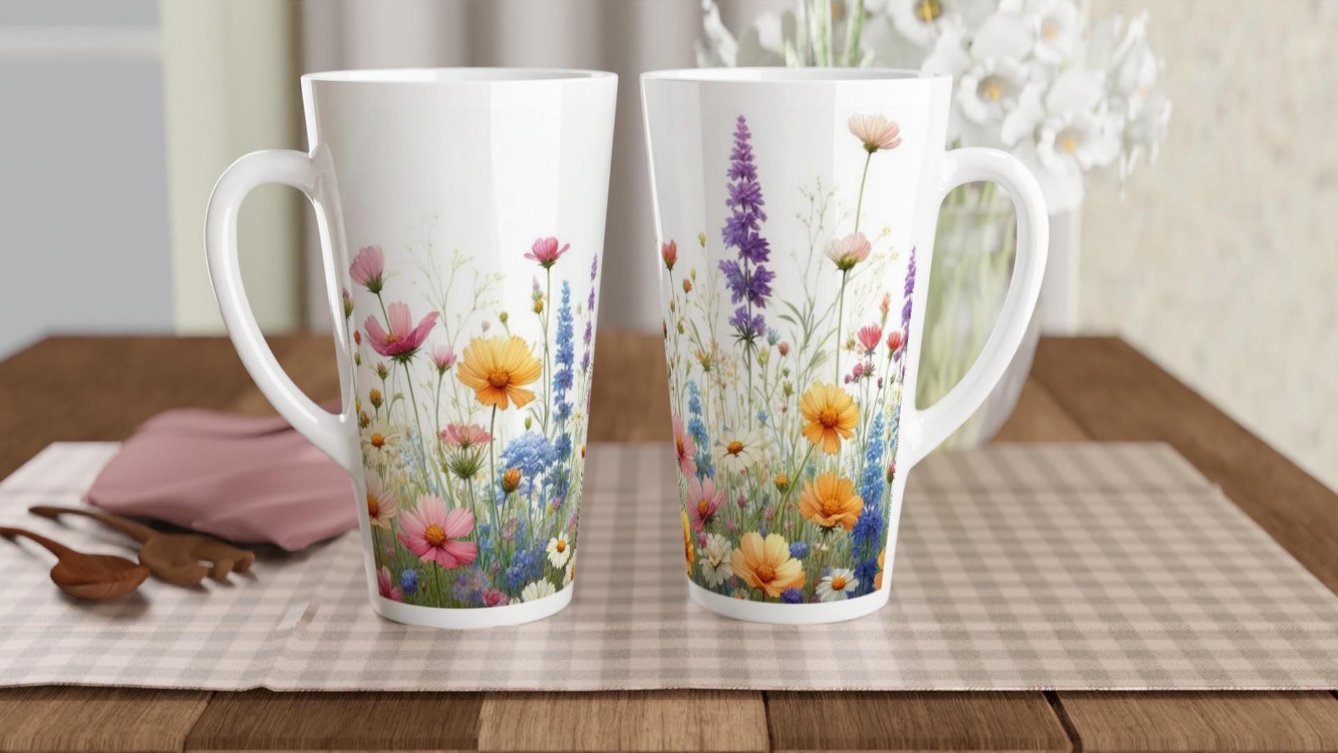 Set of 3 Cups, Floral, 17oz Latte Ceramic Mugs Set - Extra Tall Cup Set