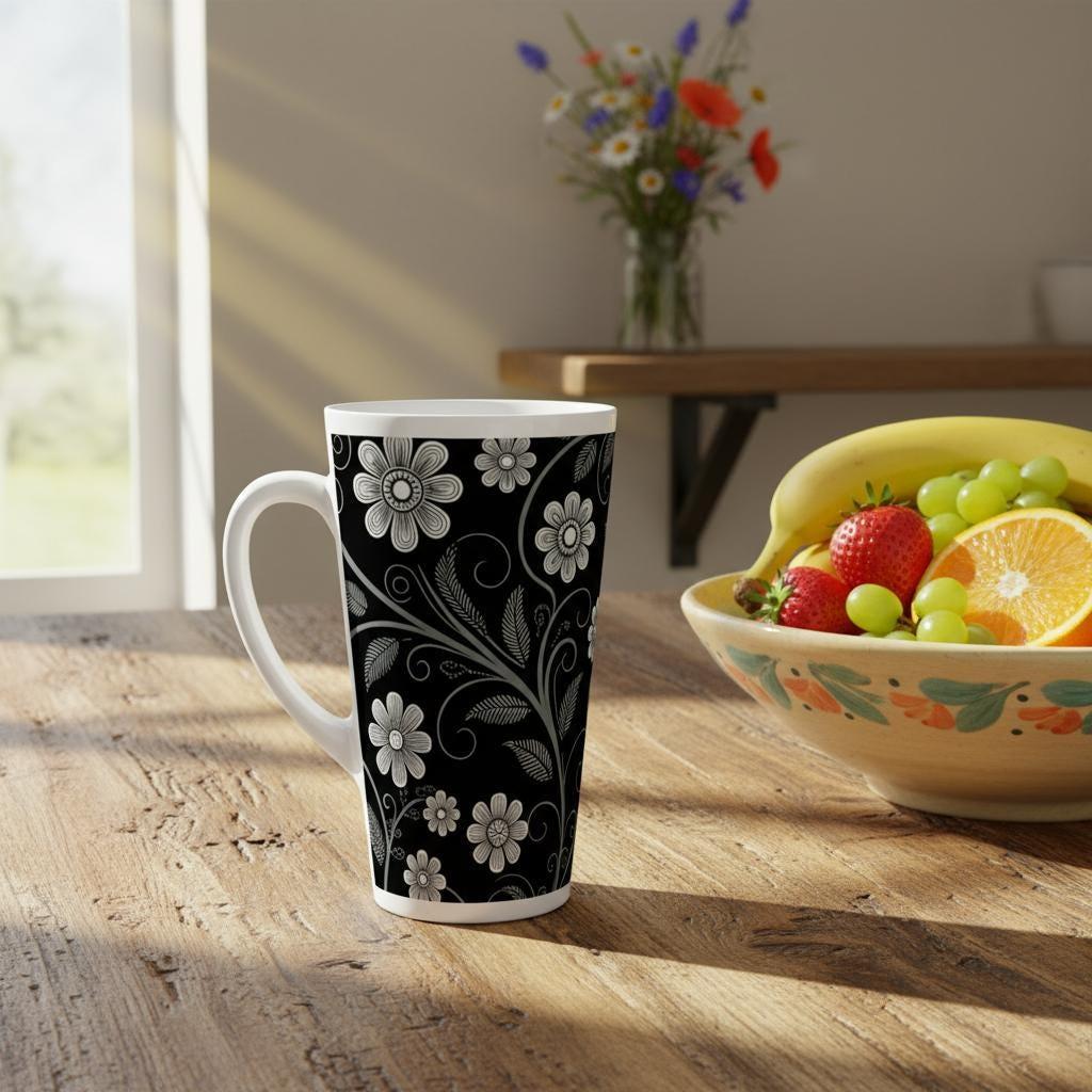 Set of 3 Cups, Floral, 17oz Latte Ceramic Mugs Set - Extra Tall Cup Set