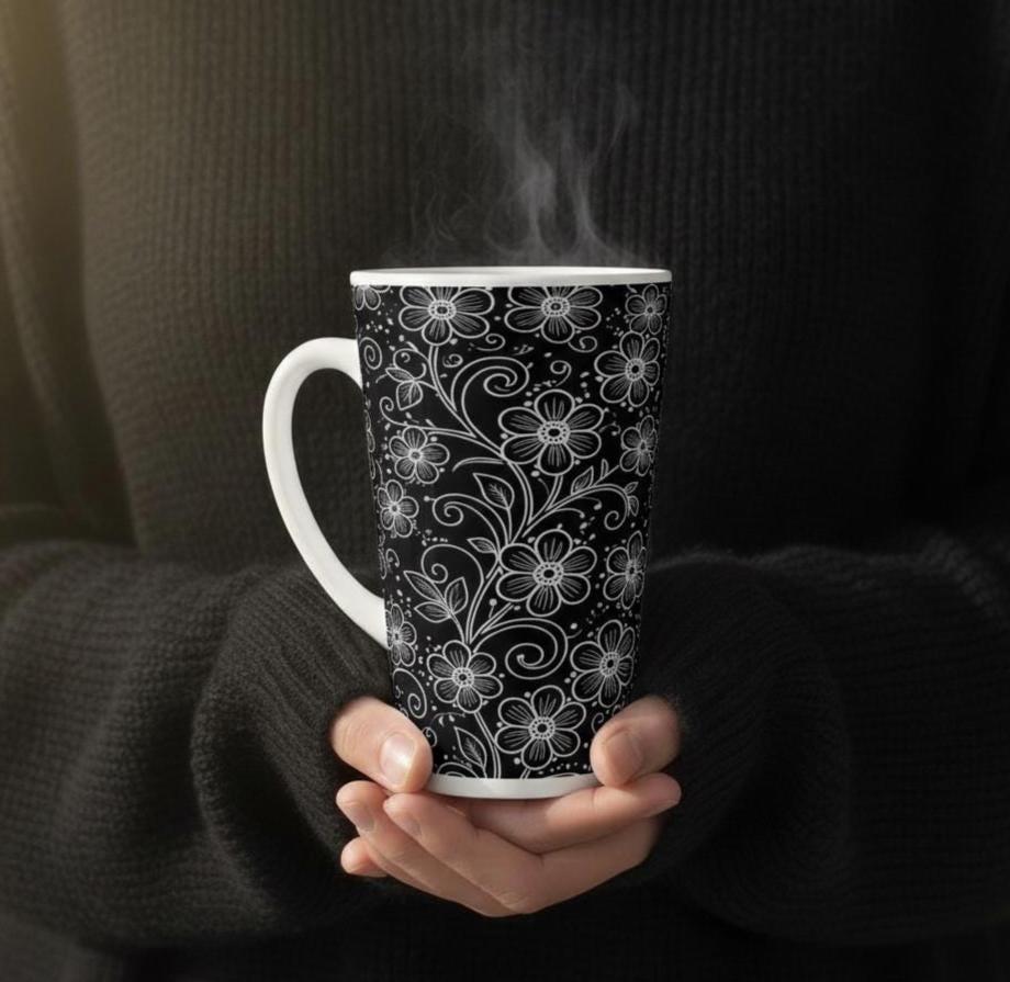 Set of 3 Cups, Floral, 17oz Latte Ceramic Mugs Set - Extra Tall Cup Set