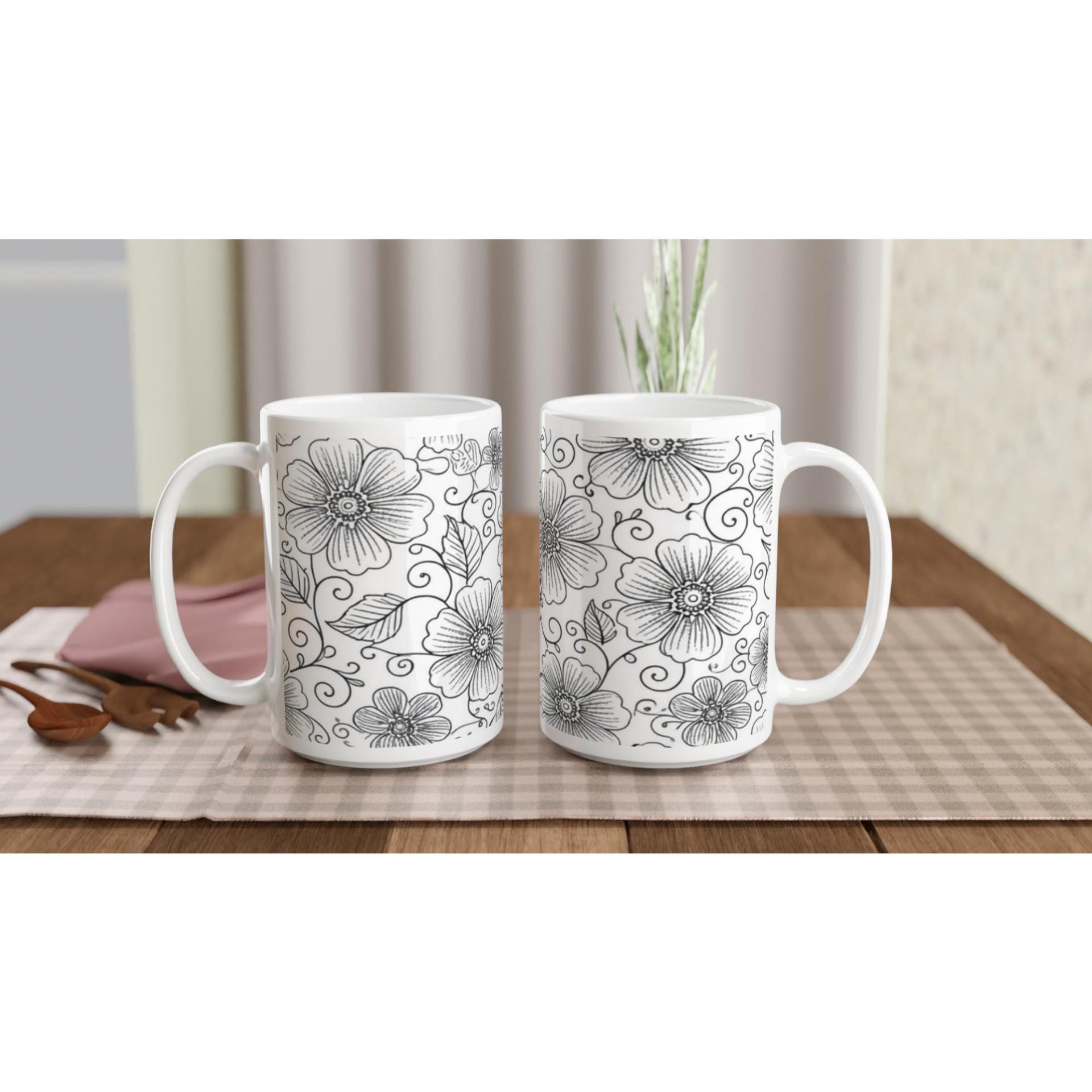 Set of Floral Cups - Light and Dark - Large 15oz Ceramic Mugs