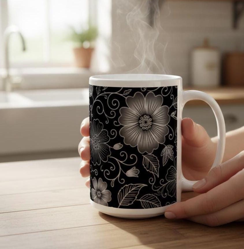 Set of Floral Cups - Light and Dark - Large 15oz Ceramic Mugs