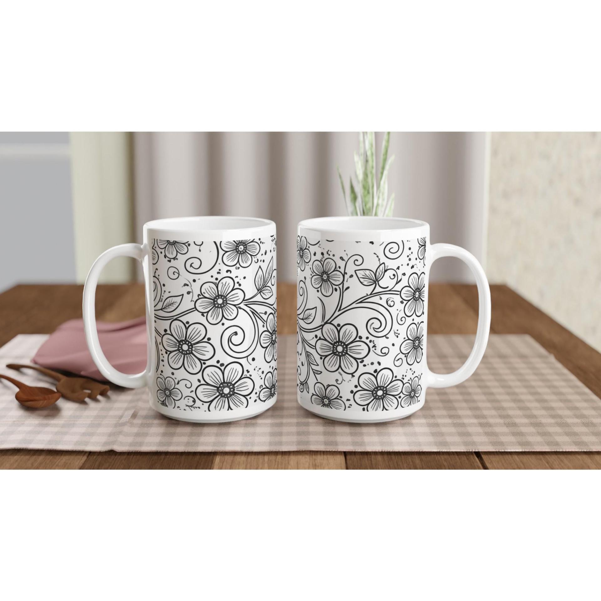 Set of Floral Cups - Light and Dark - Large 15oz Ceramic Mugs
