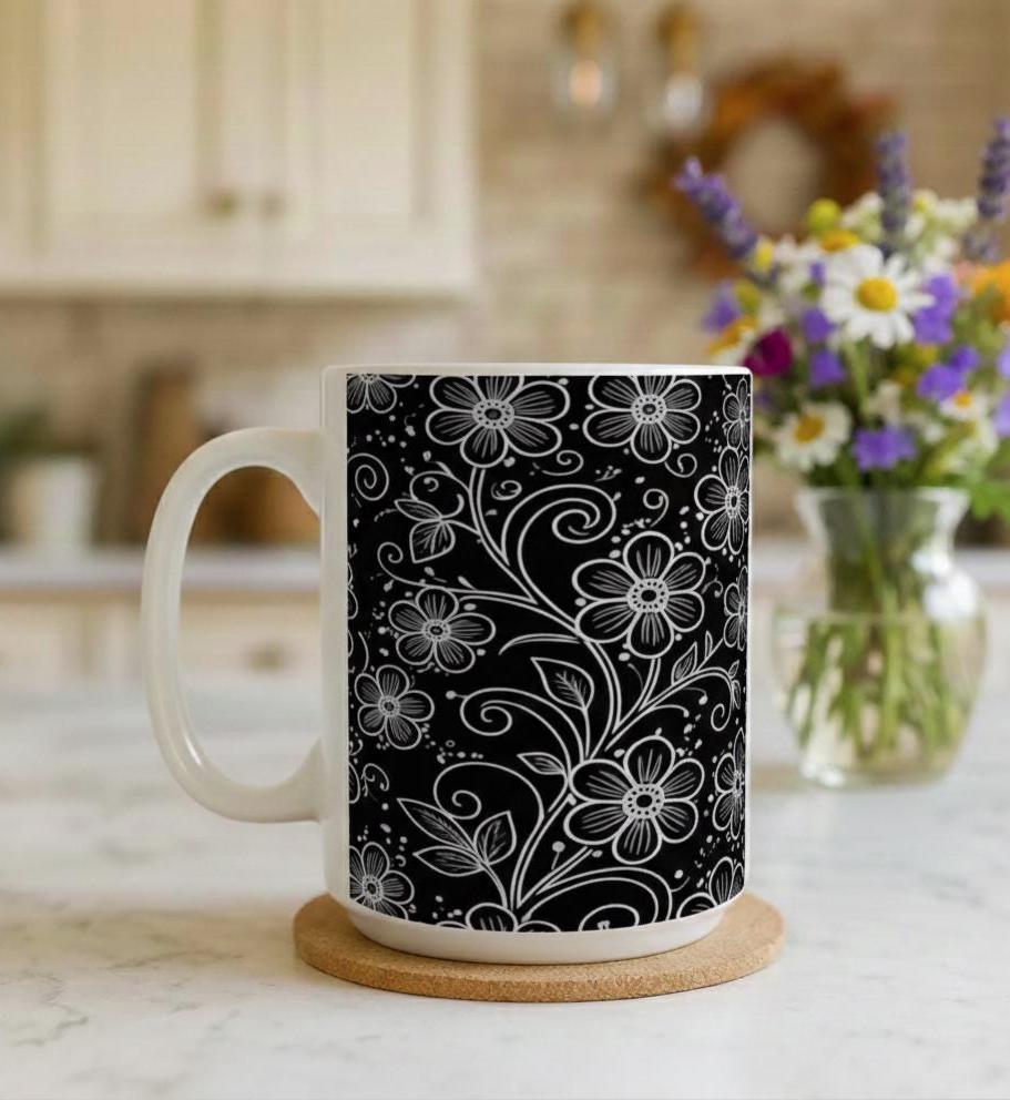 Floral Cups -  Large and Small Ceramic Mugs - 15oz and 11oz Mug Set