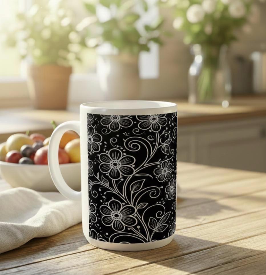 Floral Cups -  Large and Small Ceramic Mugs - 15oz and 11oz Mug Set