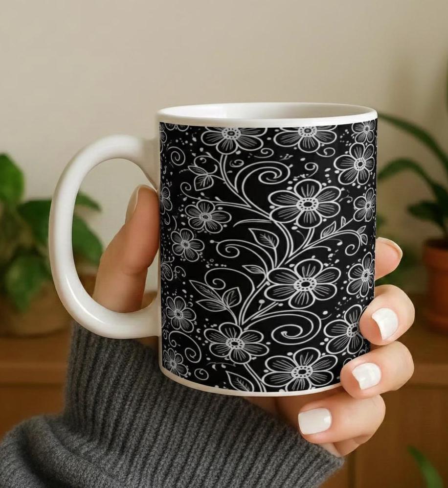 Floral Cups -  Large and Small Ceramic Mugs - 15oz and 11oz Mug Set