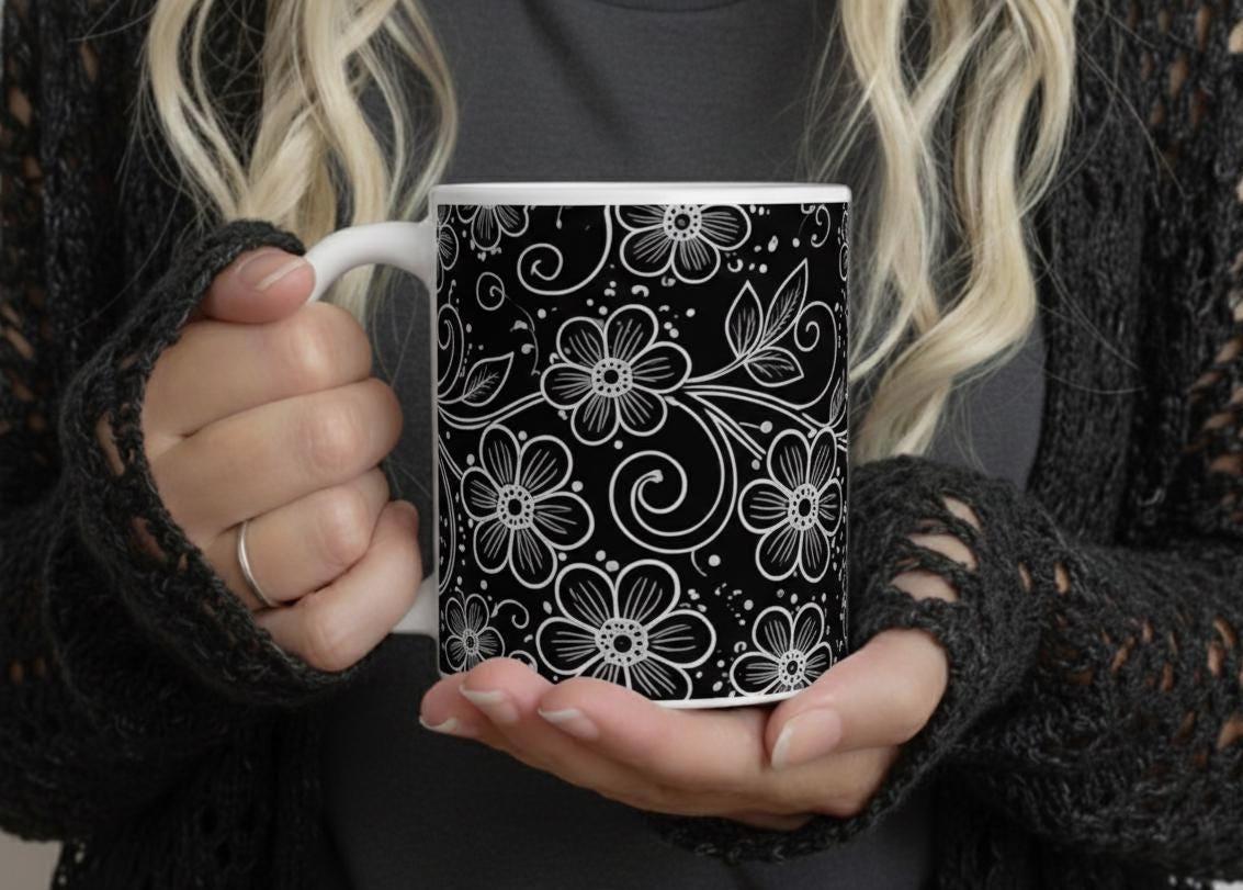 Floral Cups -  Large and Small Ceramic Mugs - 15oz and 11oz Mug Set