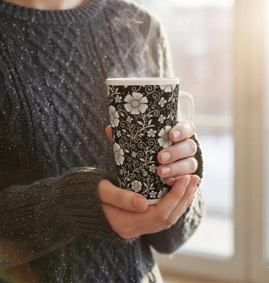 Set of 3 Cups, Floral, 17oz Latte Ceramic Mugs Set - Extra Tall Cup Set