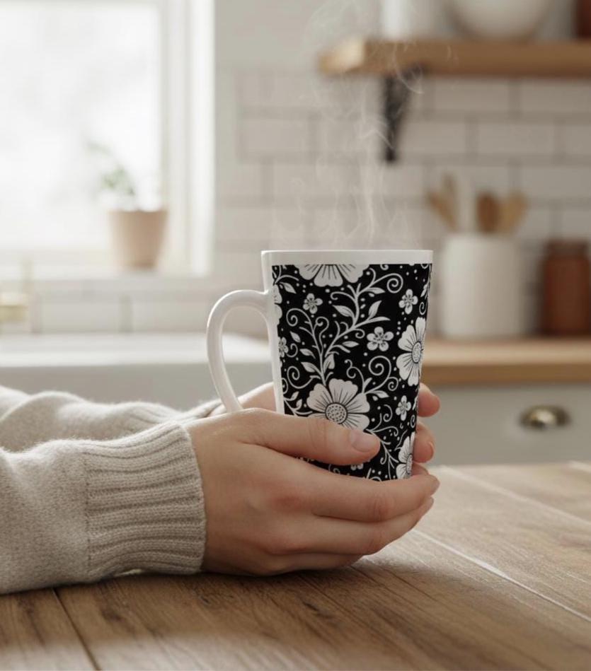 Set of 3 Cups, Floral, 17oz Latte Ceramic Mugs Set - Extra Tall Cup Set