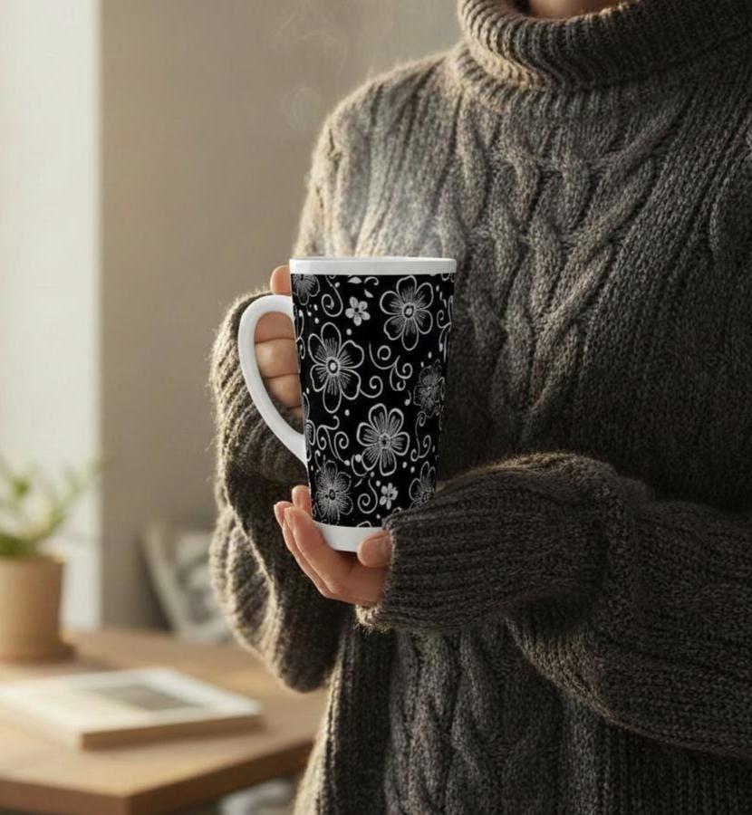 Set of 3 Cups, Floral, 17oz Latte Ceramic Mugs Set - Extra Tall Cup Set