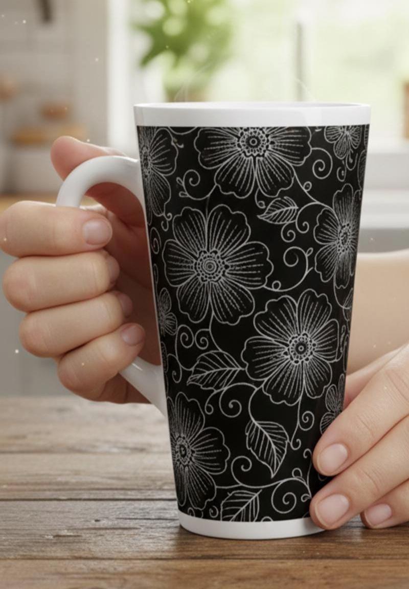 Set of 3 Cups, Floral, 17oz Latte Ceramic Mugs Set - Extra Tall Cup Set