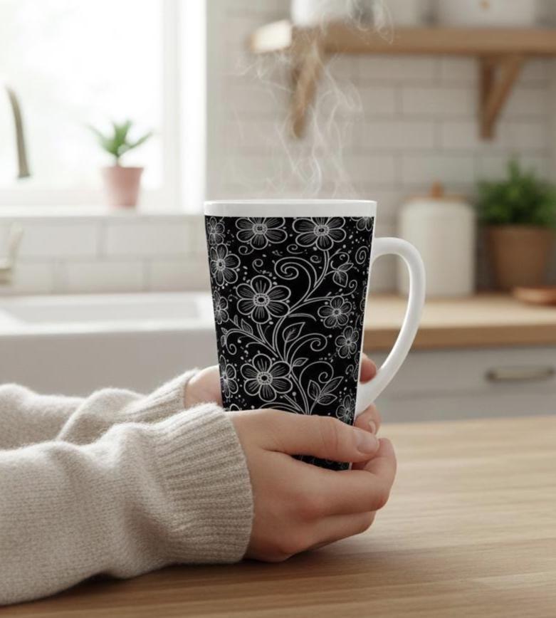 Set of 3 Cups, Floral, 17oz Latte Ceramic Mugs Set - Extra Tall Cup Set