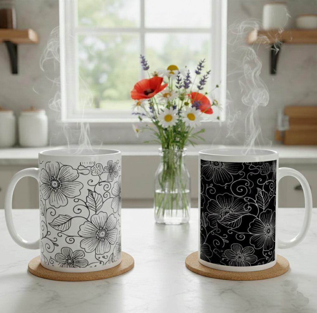 Set of Floral Cups - Light and Dark - Large 15oz Ceramic Mugs