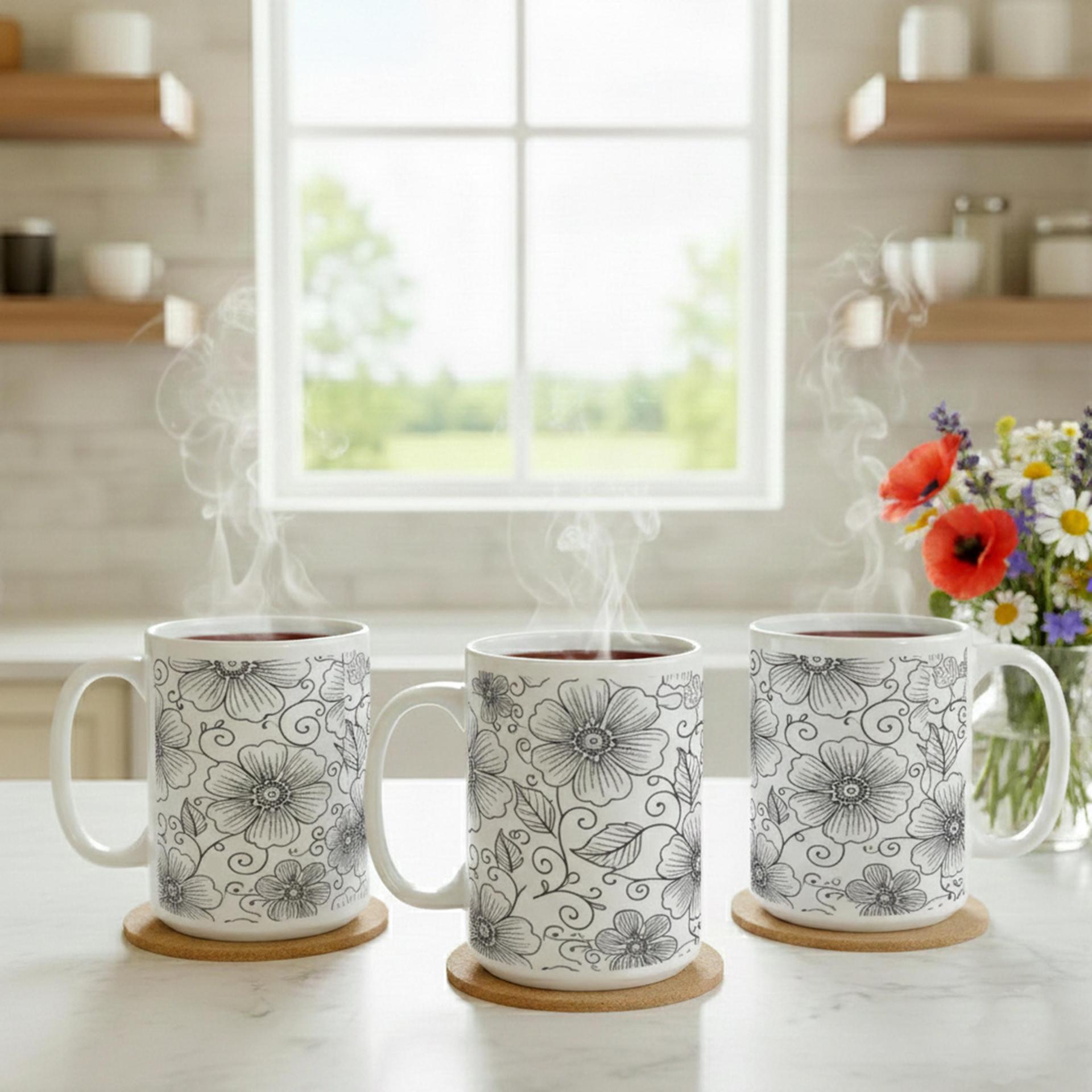 Set of Floral Cups - Light and Dark - Large 15oz Ceramic Mugs