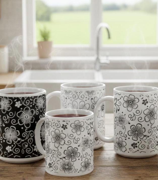 Set of Floral Cups - Light and Dark - Large 15oz Ceramic Mugs