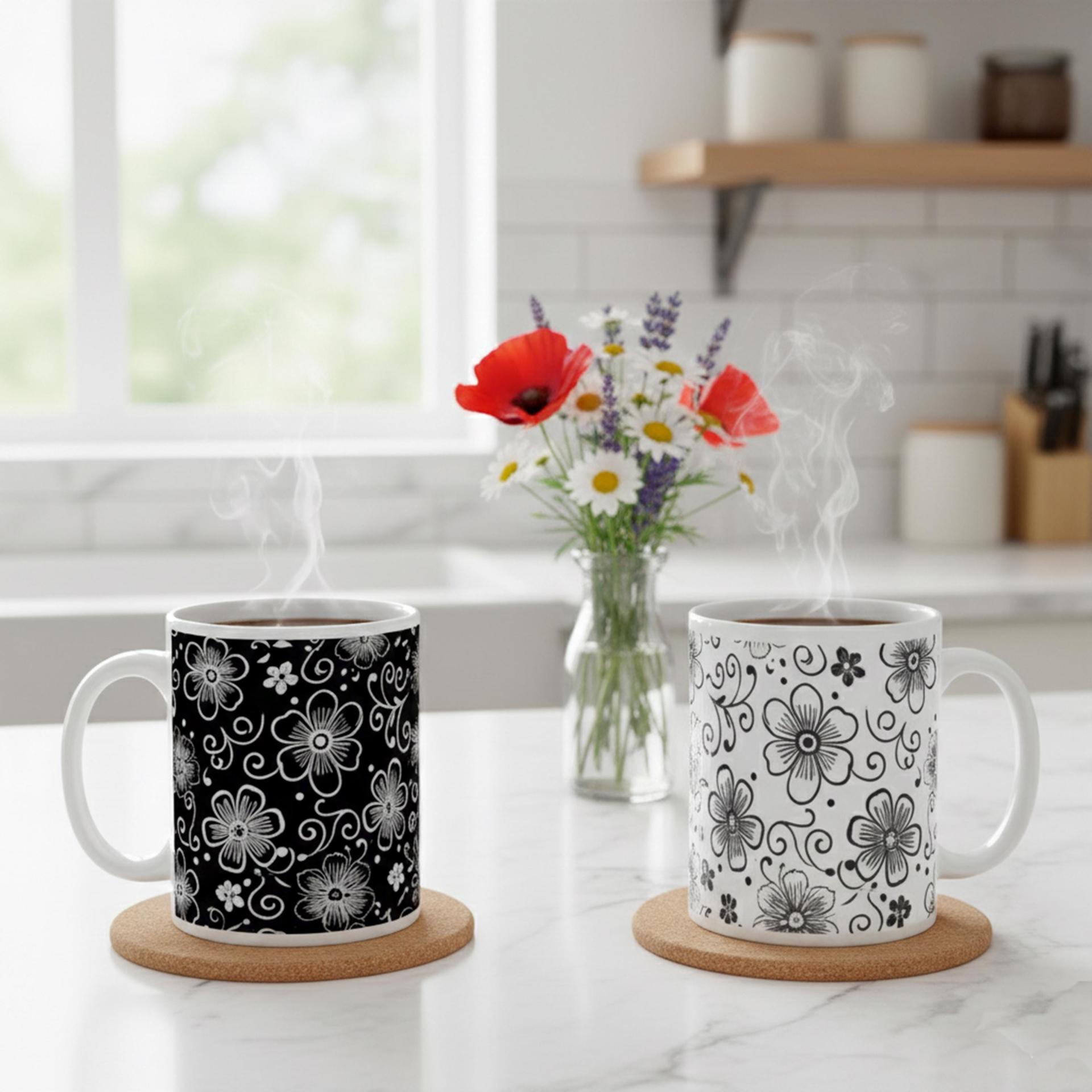 Set of Floral Cups - Light and Dark - Large 15oz Ceramic Mugs