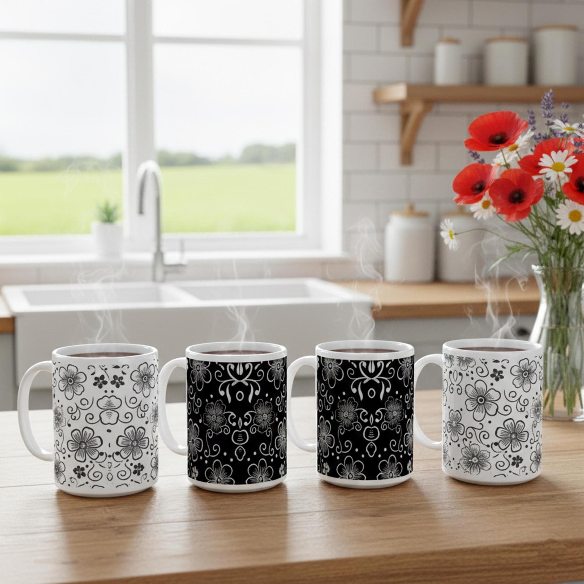 Set of Floral Cups - Light and Dark - Large 15oz Ceramic Mugs