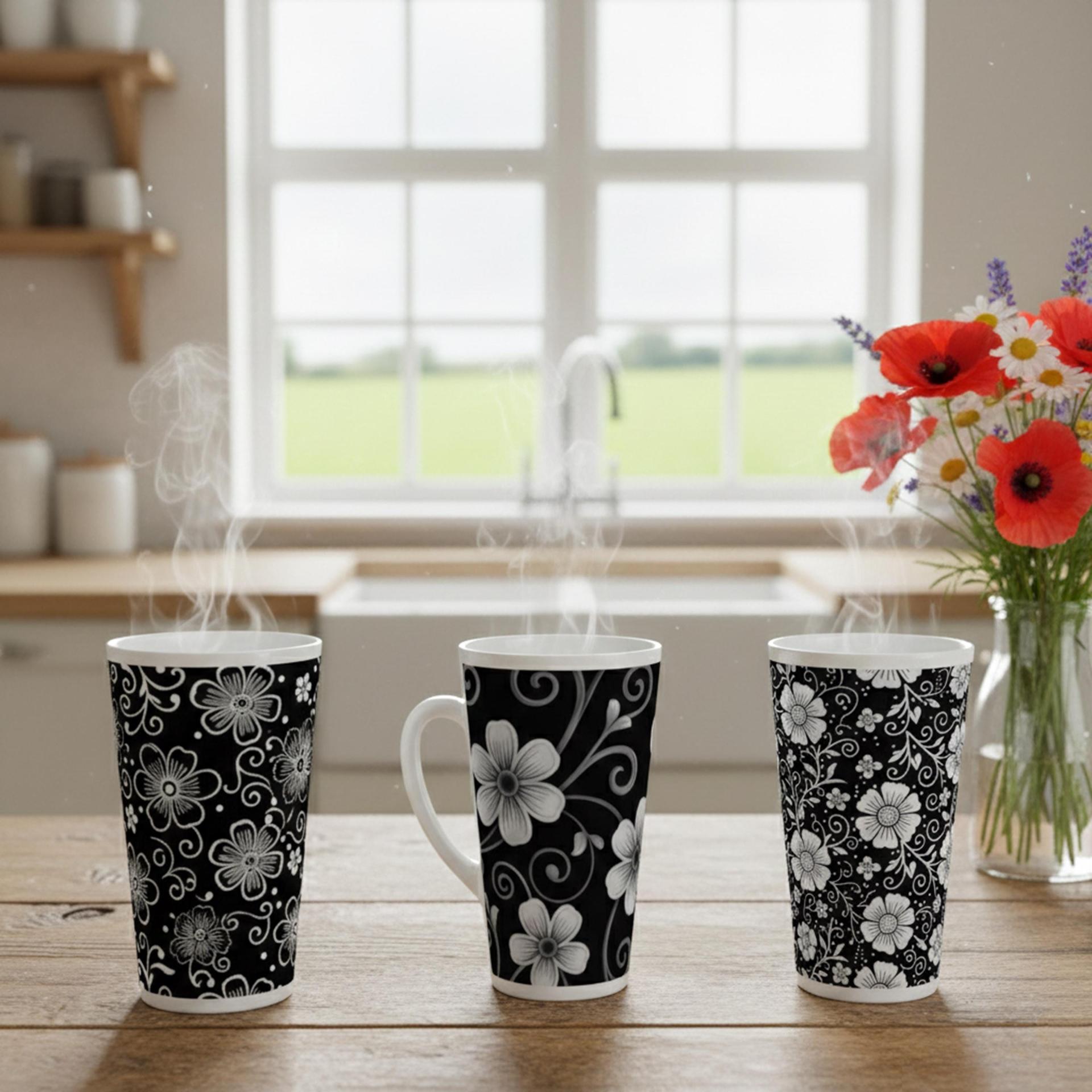 Set of 3 Cups, Floral, 17oz Latte Ceramic Mugs Set - Extra Tall Cup Set