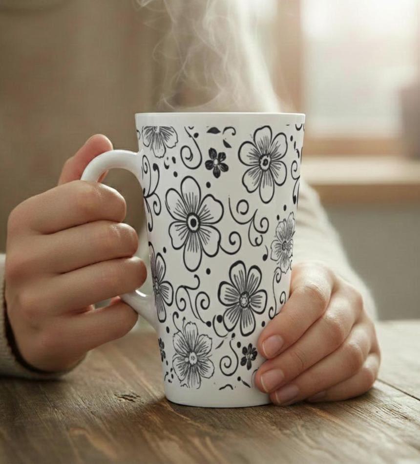 Set of 3 Cups, Floral, 17oz Latte Ceramic Mugs Set - Extra Tall Cup Set