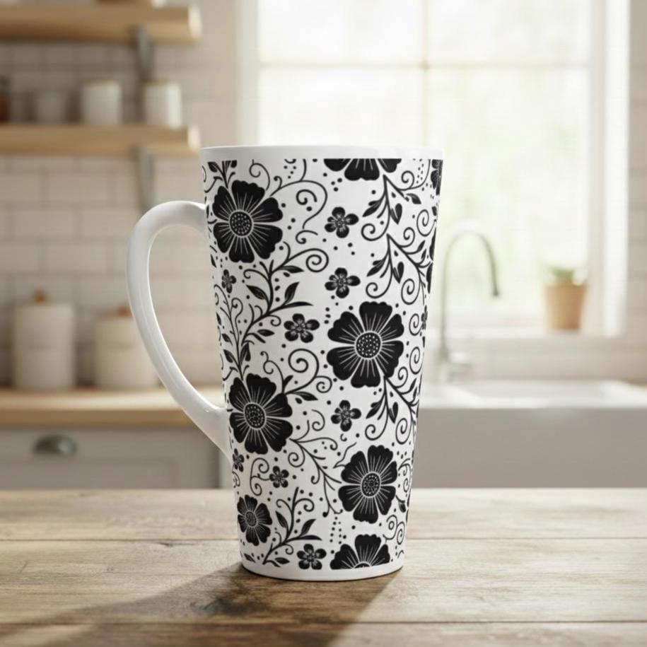Set of 3 Cups, Floral, 17oz Latte Ceramic Mugs Set - Extra Tall Cup Set