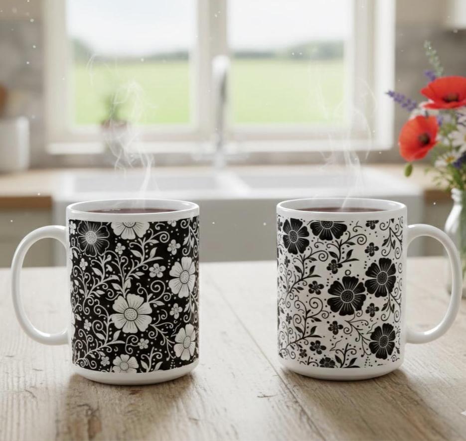 Set of Floral Cups - Light and Dark - Large 15oz Ceramic Mugs