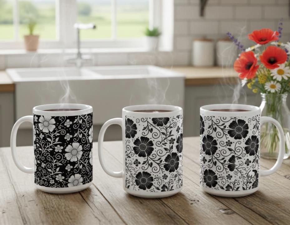 Set of Floral Cups - Light and Dark - Large 15oz Ceramic Mugs
