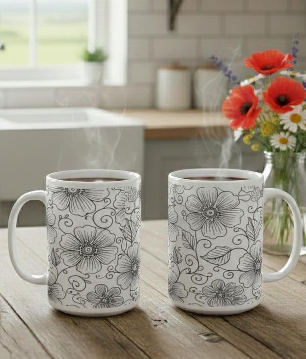 Set of Big Mugs, Floral Cup Set, Large 15 oz Matching Cups