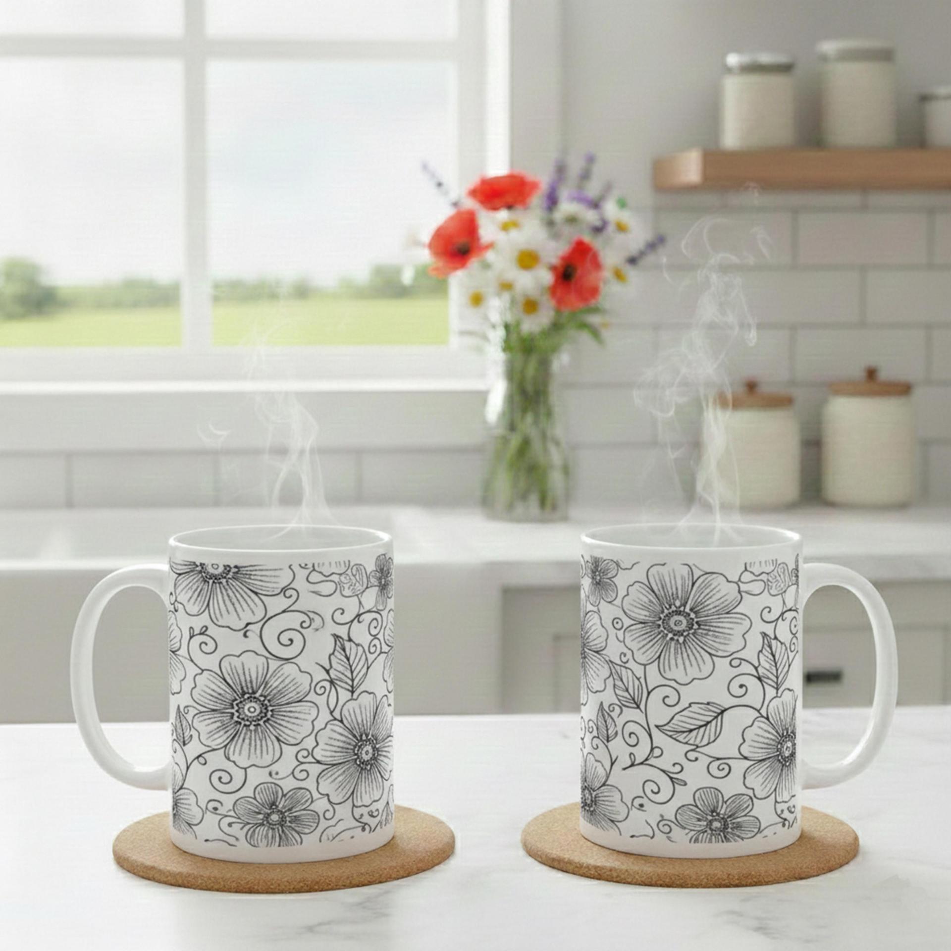 Set of Big Mugs, Floral Cup Set, Large 15 oz Matching Cups