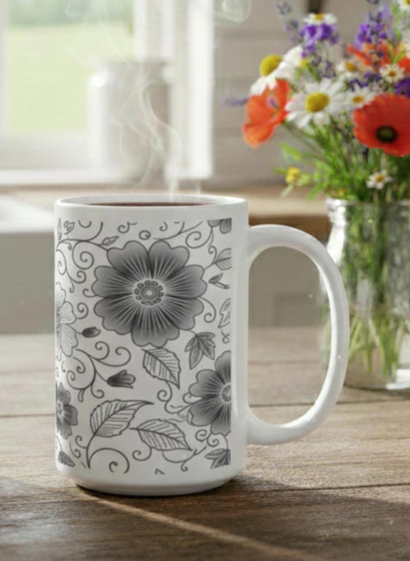Set of Big Mugs, Floral Cup Set, Large 15 oz Matching Cups