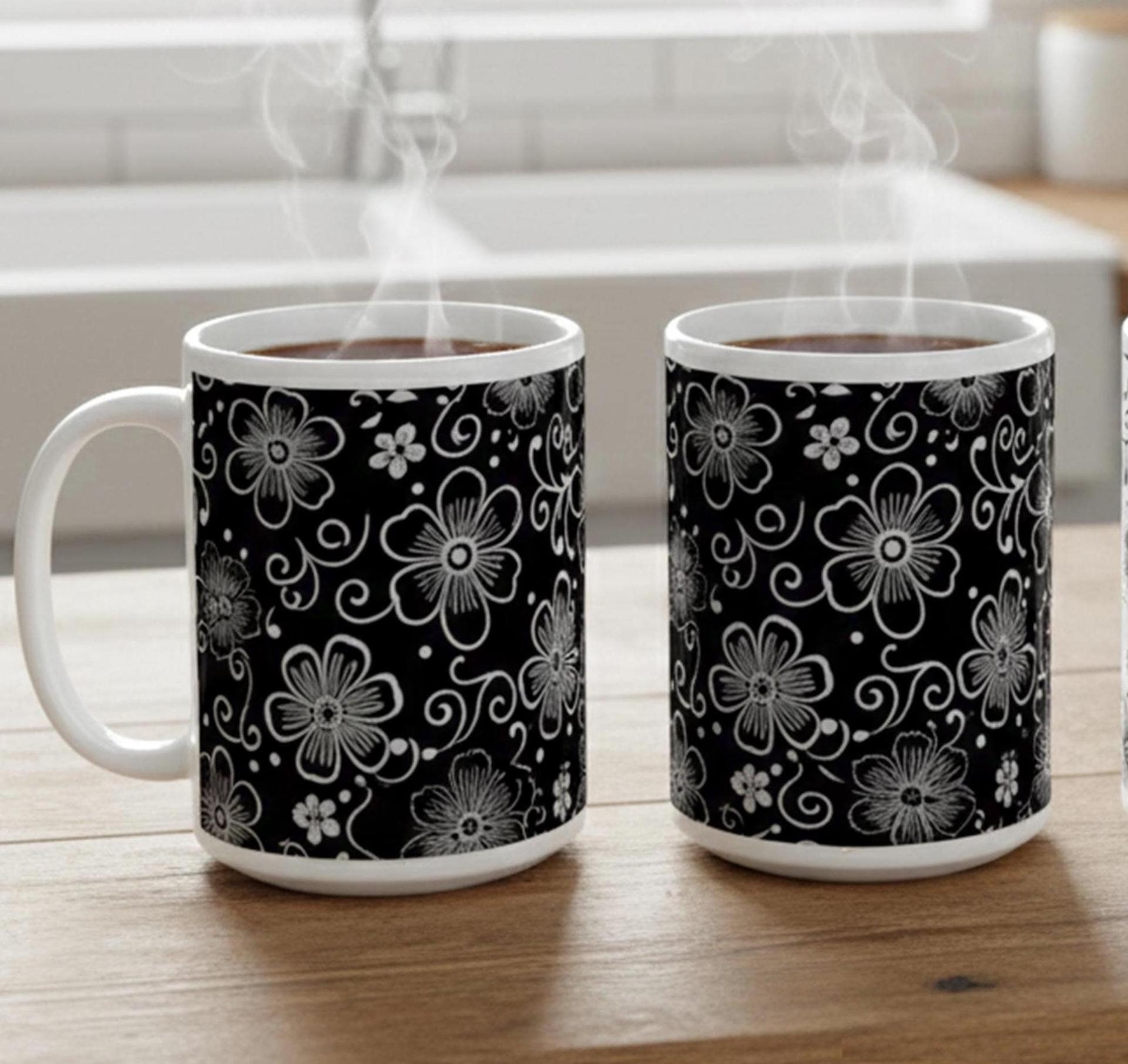Set of Big Mugs, Dark Floral Cup Set, 15 oz