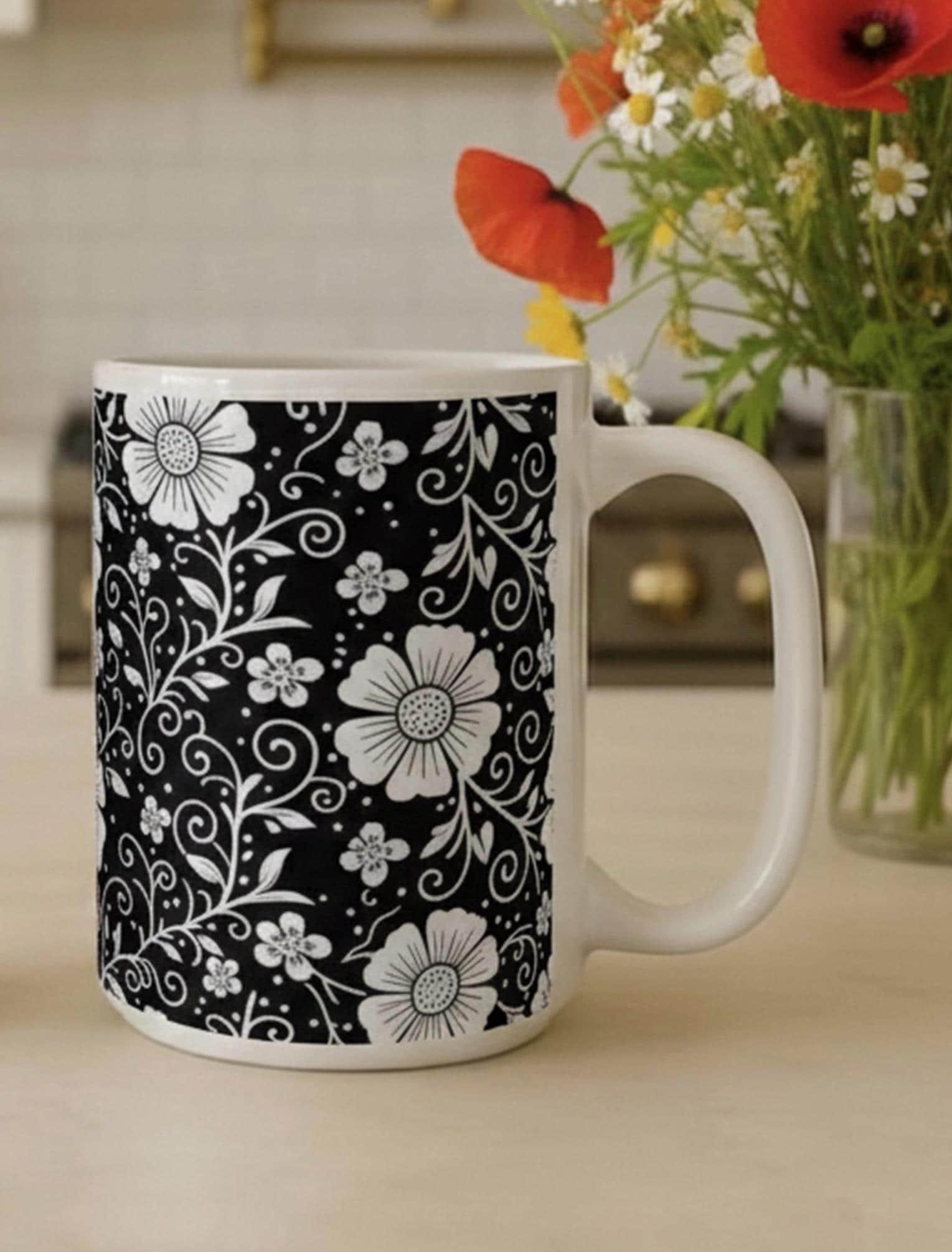 Set of Big Mugs, Dark Floral Cup Set, 15 oz