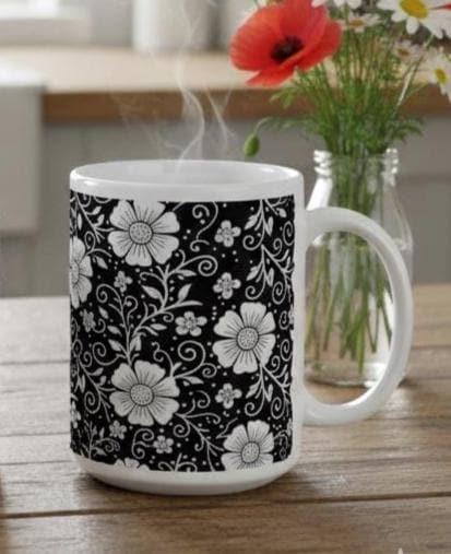 Set of Big Mugs, Dark Floral Cup Set, 15 oz