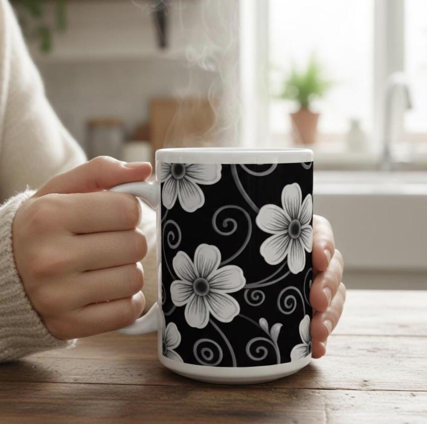 Set of Big Mugs, Dark Floral Cup Set, 15 oz