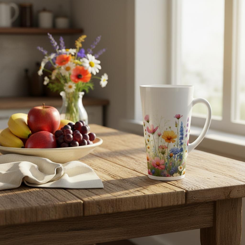 Set of 3 Cups, Floral, 17oz Latte Ceramic Mugs Set - Extra Tall Cup Set