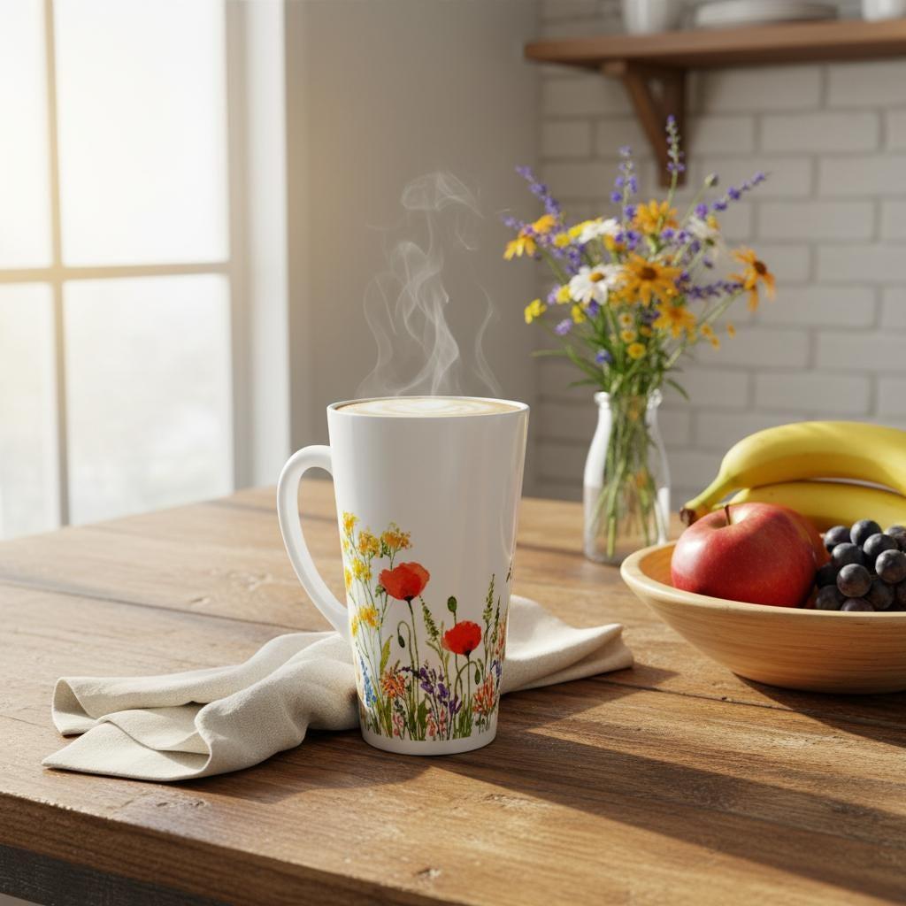 Set of 3 Cups, Floral, 17oz Latte Ceramic Mugs Set - Extra Tall Cup Set