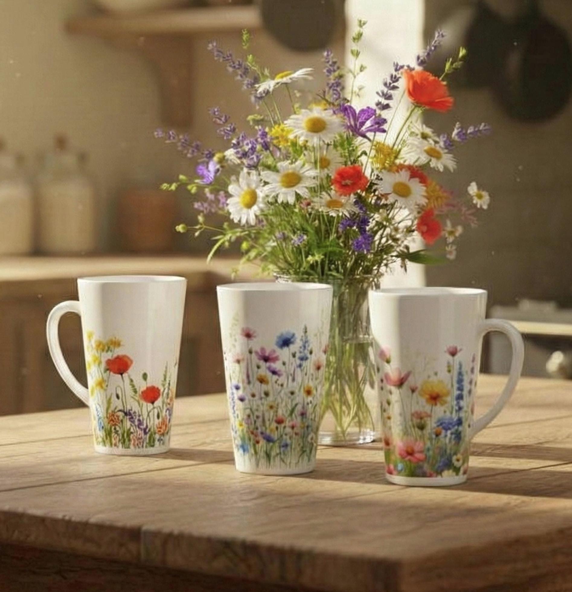 Set of 3 Cups, Floral, 17oz Latte Ceramic Mugs Set - Extra Tall Cup Set