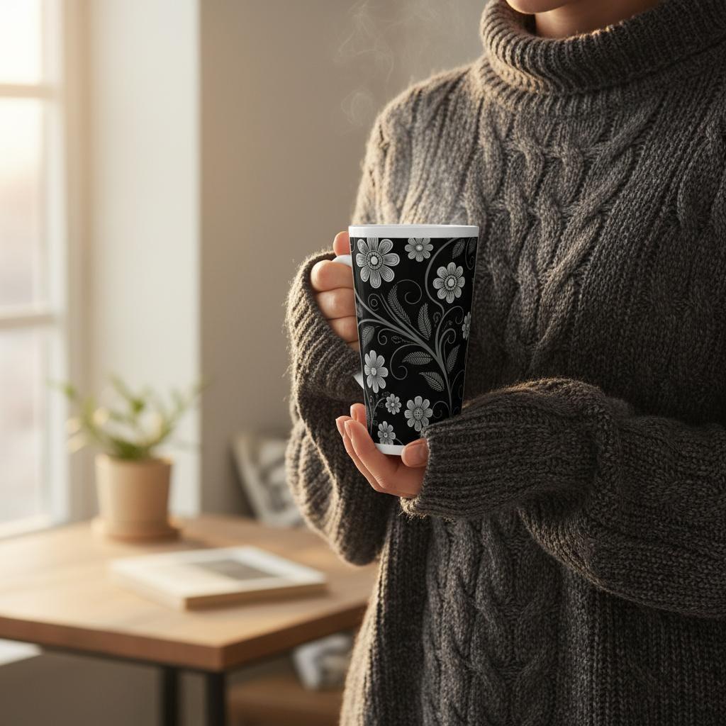 Set of 3 Cups, Floral, 17oz Latte Ceramic Mugs Set - Extra Tall Cup Set